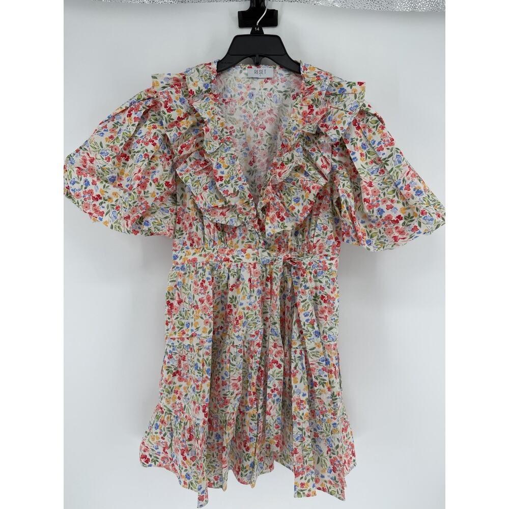 RESET Floral Print Mini Wrap Dress Womens Large White Puff Sleeve Lined - Picture 2 of 13